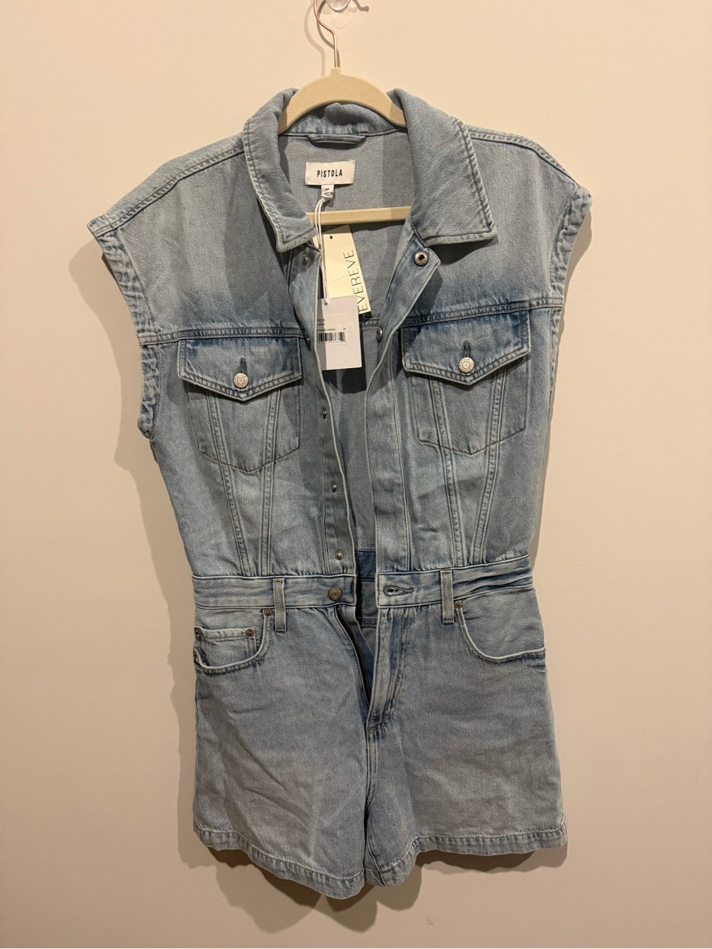 Pistola Light Wash Denim Romper. New with tags. Size medium